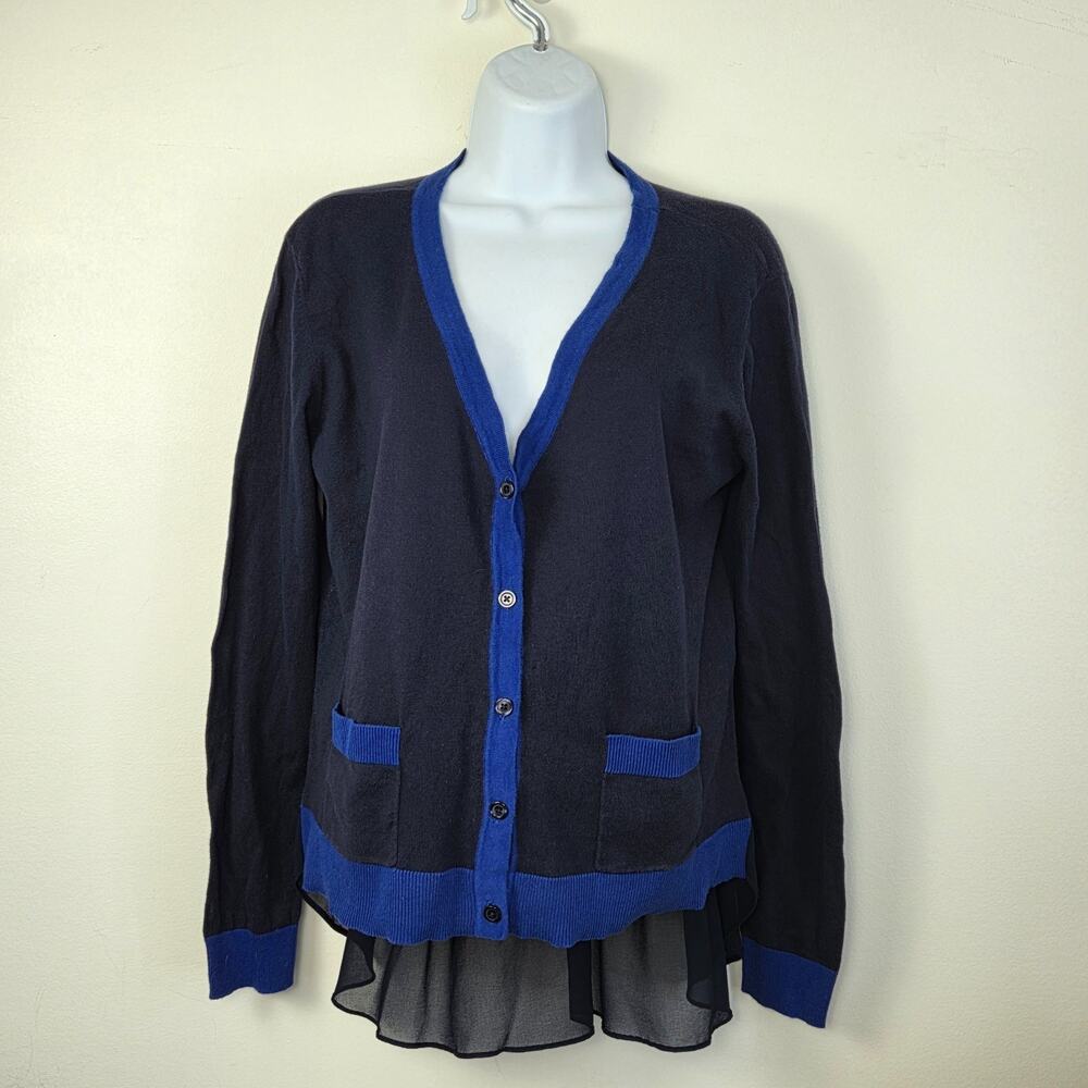 CAbi Michelle Cardigan #5016 L Navy Blue Chiffon Ruffle Hi Low
